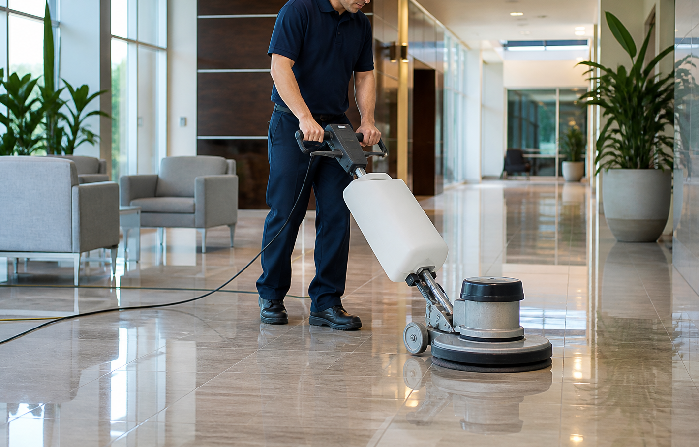 Worker polishing a commercial lobby floor with a floor buffer