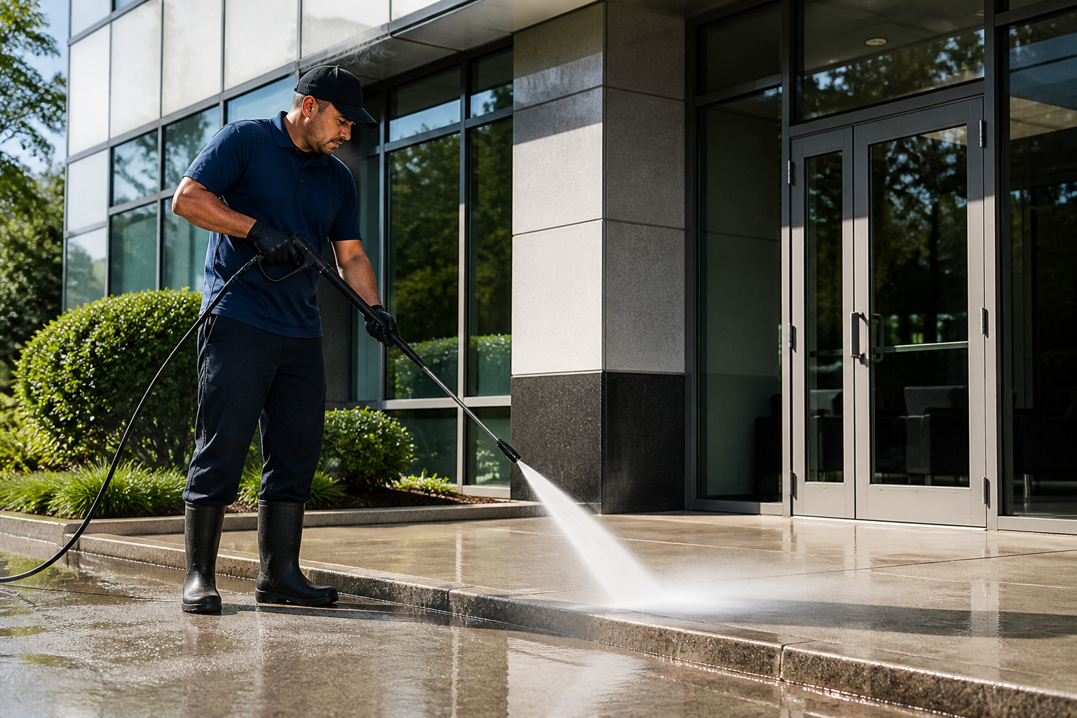 Worker pressure washing outside a modern office building