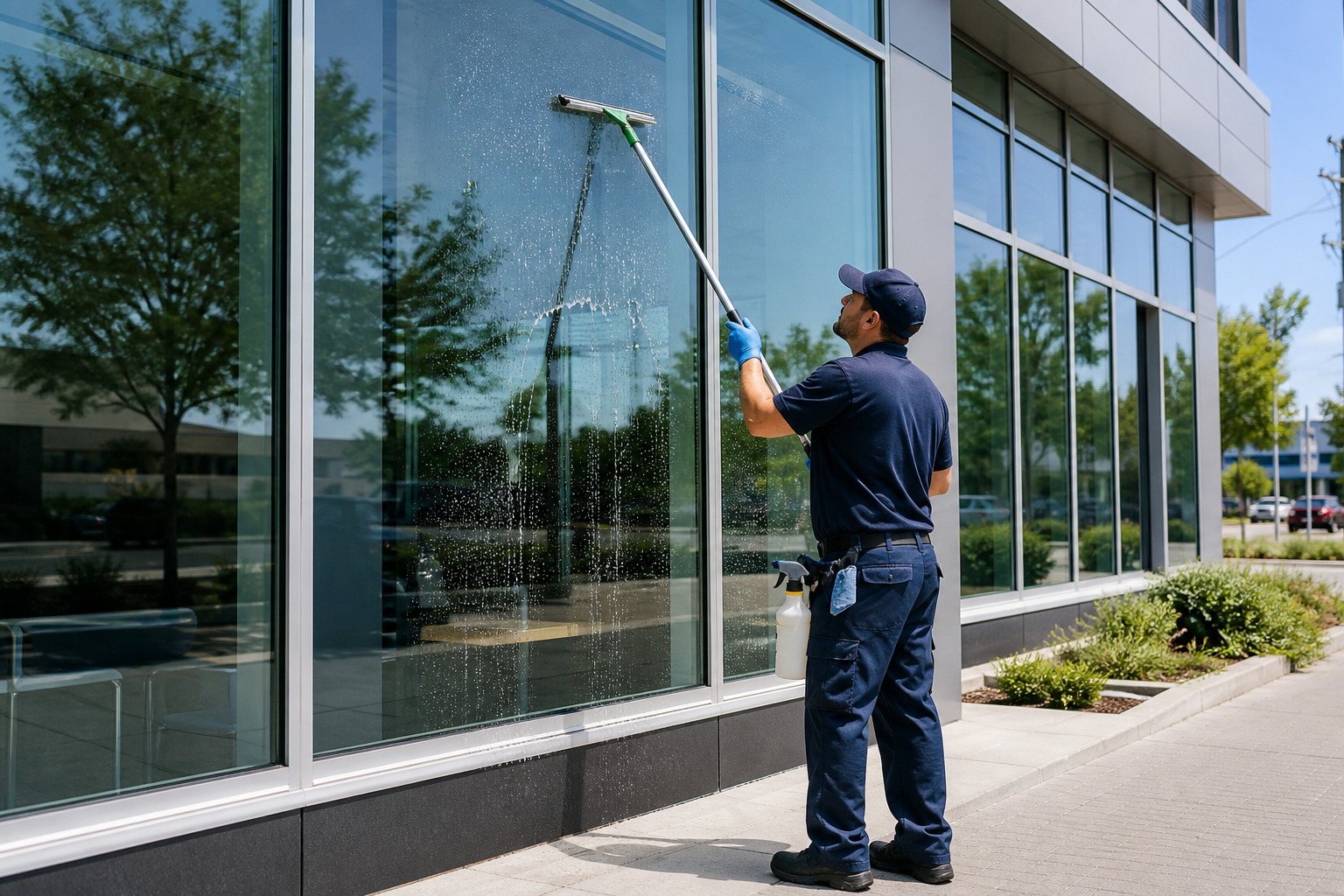 Worker washing commercial windows from the ground with a squeegee